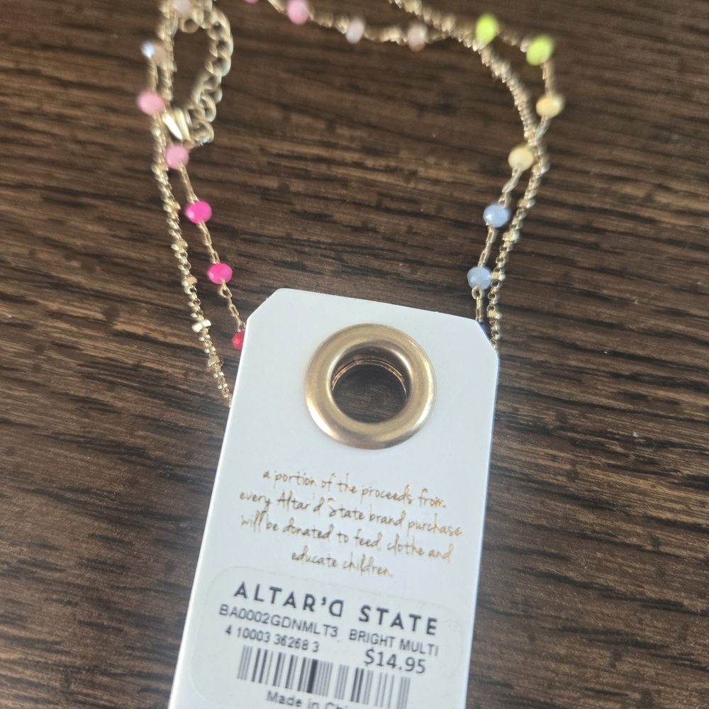 Altar'd State Gold Necklace with Pink, Yellow, and Blue Beads